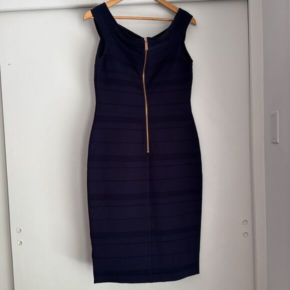 NWT TED BAKER Sz 4 Bardot Dark Blue Off Shoulder Striped Textured Bodycon Dress - Picture 7 of 8